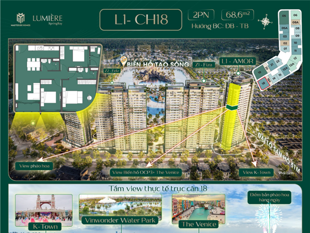 Giá bán Chung cư 2PN trục căn 18, toà Amor C4L1, Lumière SpringBay