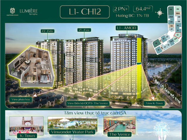 Giá bán Chung cư 2PN+ trục căn 12, toà Amor C4L1, Lumière SpringBay