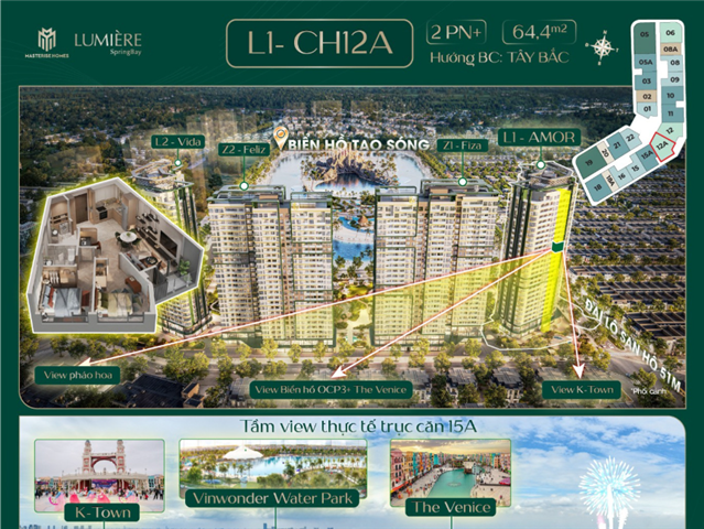 Giá bán Chung cư 2PN+ trục căn 12A, toà Amor C4L1, Lumière SpringBay