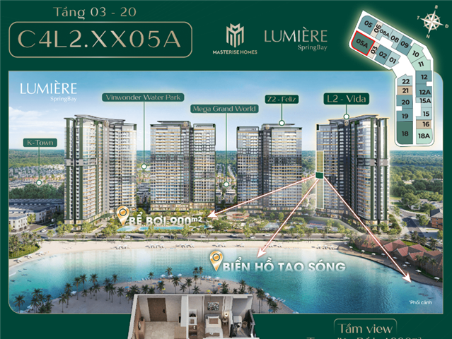 Giá bán Chung cư 3PN trục căn 05A, toà Vida C4L2, Lumière SpringBay