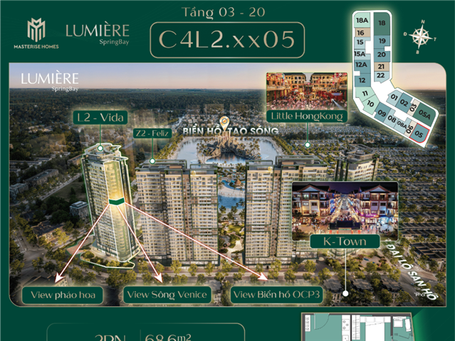Giá bán Chung cư 2PN trục căn 05, toà Vida C4L2, Lumière SpringBay