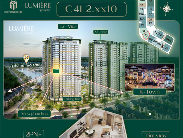 Giá bán Chung cư 2PN+ trục căn 10, toà Vida C4L2, Lumière SpringBay