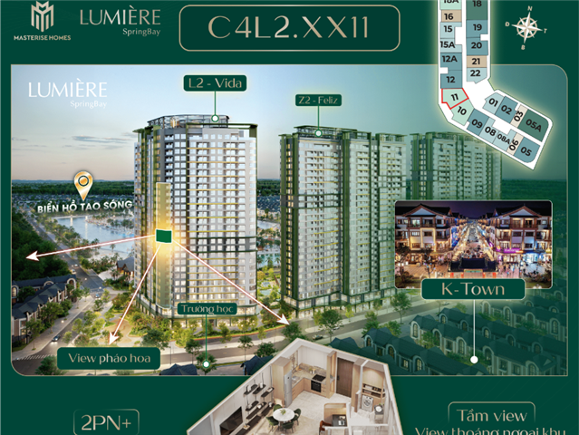 Giá bán Chung cư 2PN+ trục căn 11, toà Vida C4L2, Lumière SpringBay
