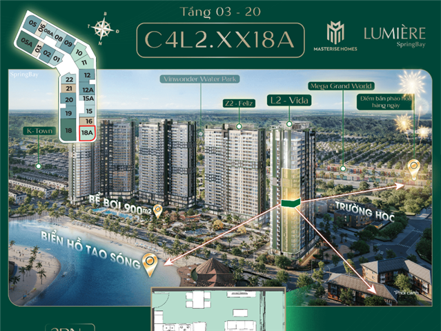 Giá bán Chung cư 2PN+ trục căn 18A, toà Vida C4L2, Lumière SpringBay