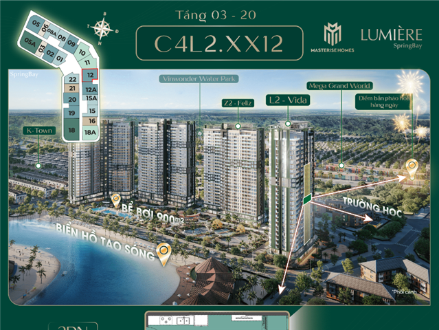 Giá bán Chung cư 2PN trục căn 12, toà Vida C4L2, Lumière SpringBay