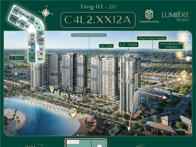 Giá bán Chung cư 2PN trục căn 12A, toà Vida C4L2, Lumière SpringBay
