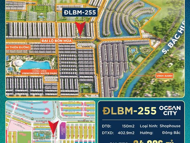 Giá bán căn Shophouse ĐLBM-255, Phân khu Vịnh Tây, Vinhomes Ocean Park 3